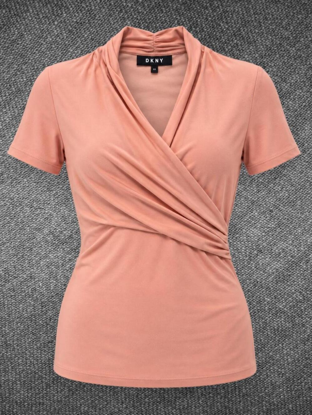 DKNY Coral Ruched Wrap V-Neck Stretch Top XS